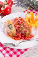 vegetarian cabbage rolls with spinach and salsa