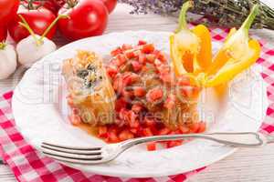 vegetarian cabbage rolls with spinach and salsa