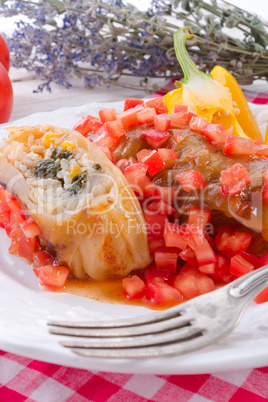 vegetarian cabbage rolls with spinach and salsa