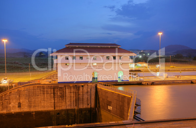 The Miraflores Locks in the Panama Canal in the sunset