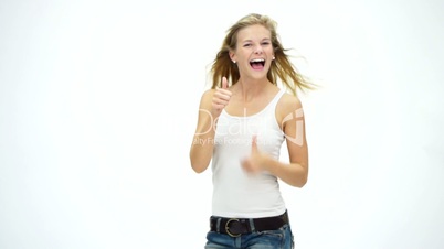 HD1080 Young blond woman in jeans and white shirt is very happy. Part2