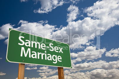 Same Sex Marriage Green Road Sign and Clouds