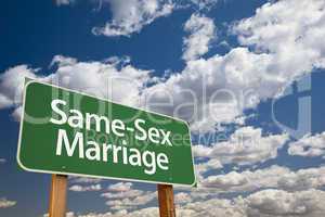 Same Sex Marriage Green Road Sign and Clouds