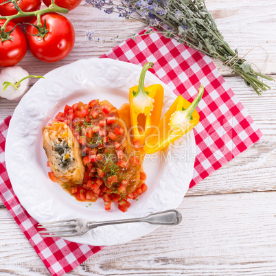 vegetarian cabbage rolls with spinach and salsa