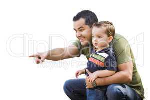Hispanic Father Pointing With Mixed Race Son on White