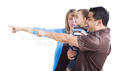 Mixed Race Couple Pointing With Son on White