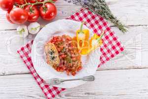 vegetarian cabbage rolls with spinach and salsa