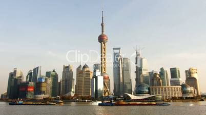 Time lapse of Shanghai skyline and busy Huangpu river