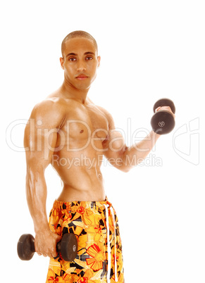 Guy holding dumbbell.