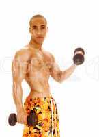 Guy holding dumbbell.