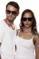 couple wearing sunglasses isolated over a white background