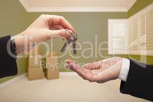 Woman Handing Over the House Keys Inside Empty Green Room