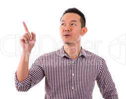 Asian male finger pointing up