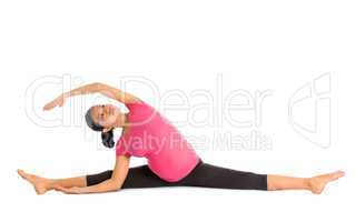 Pregnant yoga position seated side stretch.