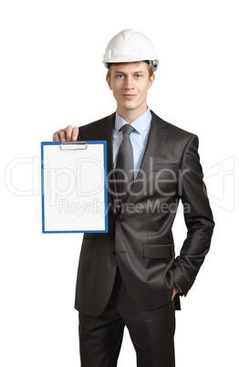 Engineer shows a clipboard