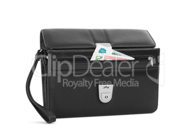 Male leather bag with money dollar, euro and rouble