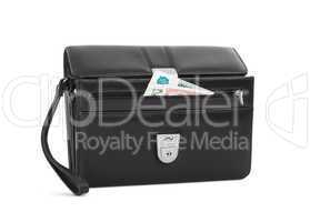 Male leather bag with money dollar, euro and rouble