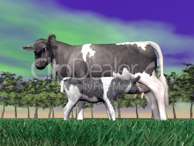 Calf suckling - 3D render