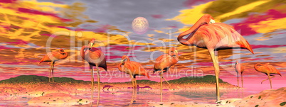 Flamingos by sunset - 3D render