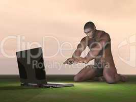 Computer and homo erectus - 3D render