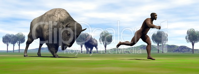 Bison charging homo erectus - 3D render