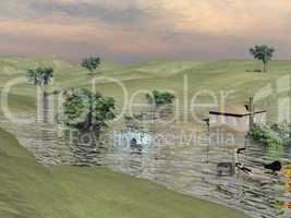 Flooded landscape - 3D render