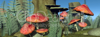 Fly agaric mushrooms in the forest - 3D render
