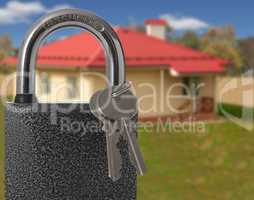 Padlock with house on background, protection of housing concept