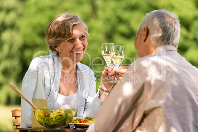 Happy senior citizens clinking glasses