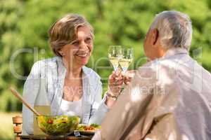 Happy senior citizens clinking glasses