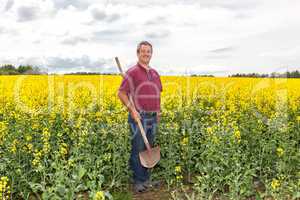 Farmer in inspection of his rapeseed field