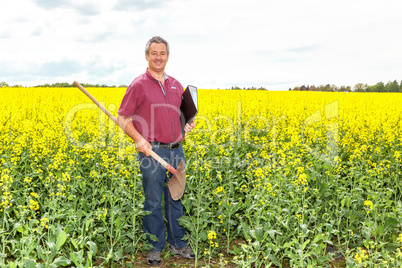 Farmer in inspection of his rapeseed field