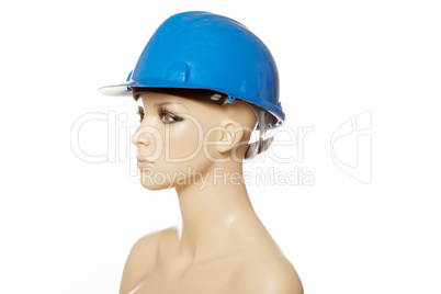 mannequin wearing blue safety helmet on white