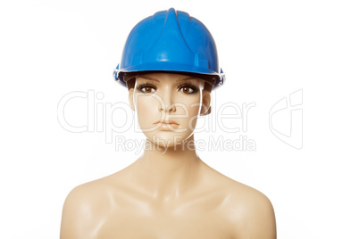 mannequin wearing blue safety helmet on white
