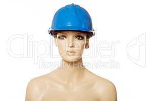 mannequin wearing blue safety helmet on white