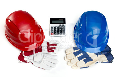 Schutzhandschuhe mit Helm und Taschenrechner
