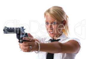 Blonde Frau mit Waffe