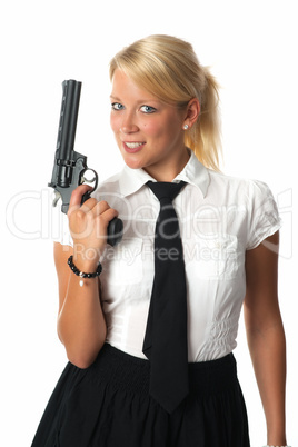 Blonde Frau mit Waffe