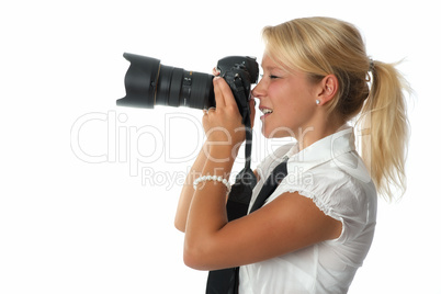 Blonde Frau mit Kamera