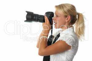 Blonde Frau mit Kamera