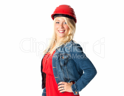 Blonde Frau mit Schutzhelm