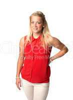 Blonde Frau in roter Bluse