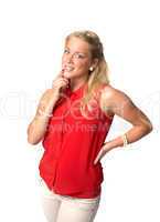 Blonde Frau mit roter Bluse