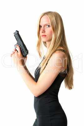 Blonde Frau mit Waffe