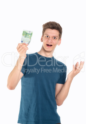 Erstaunter junger Mann mit Geldschein
