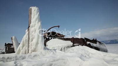 Frozen ship on Baikal lake