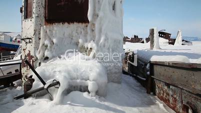 Frozen ship on Baikal lake