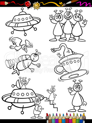 aliens cartoon set for coloring book