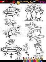aliens cartoon set for coloring book