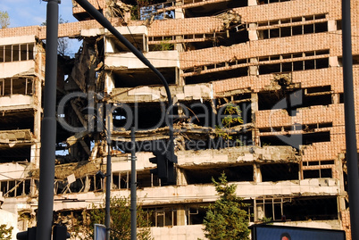 Damaged after bombing building in Belgrade, Serbia